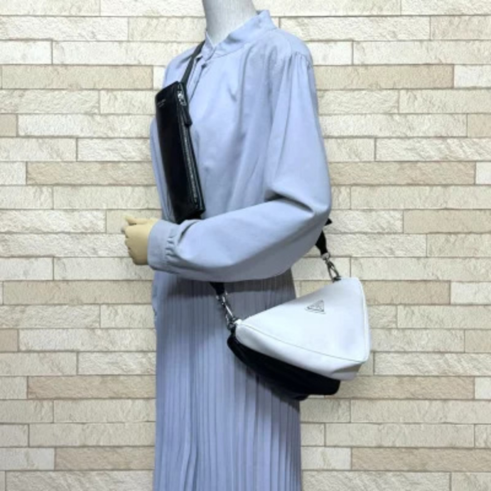 Prada Triangle Double Shoulder Bag Saffiano Leather Black - Picture 2 of 11